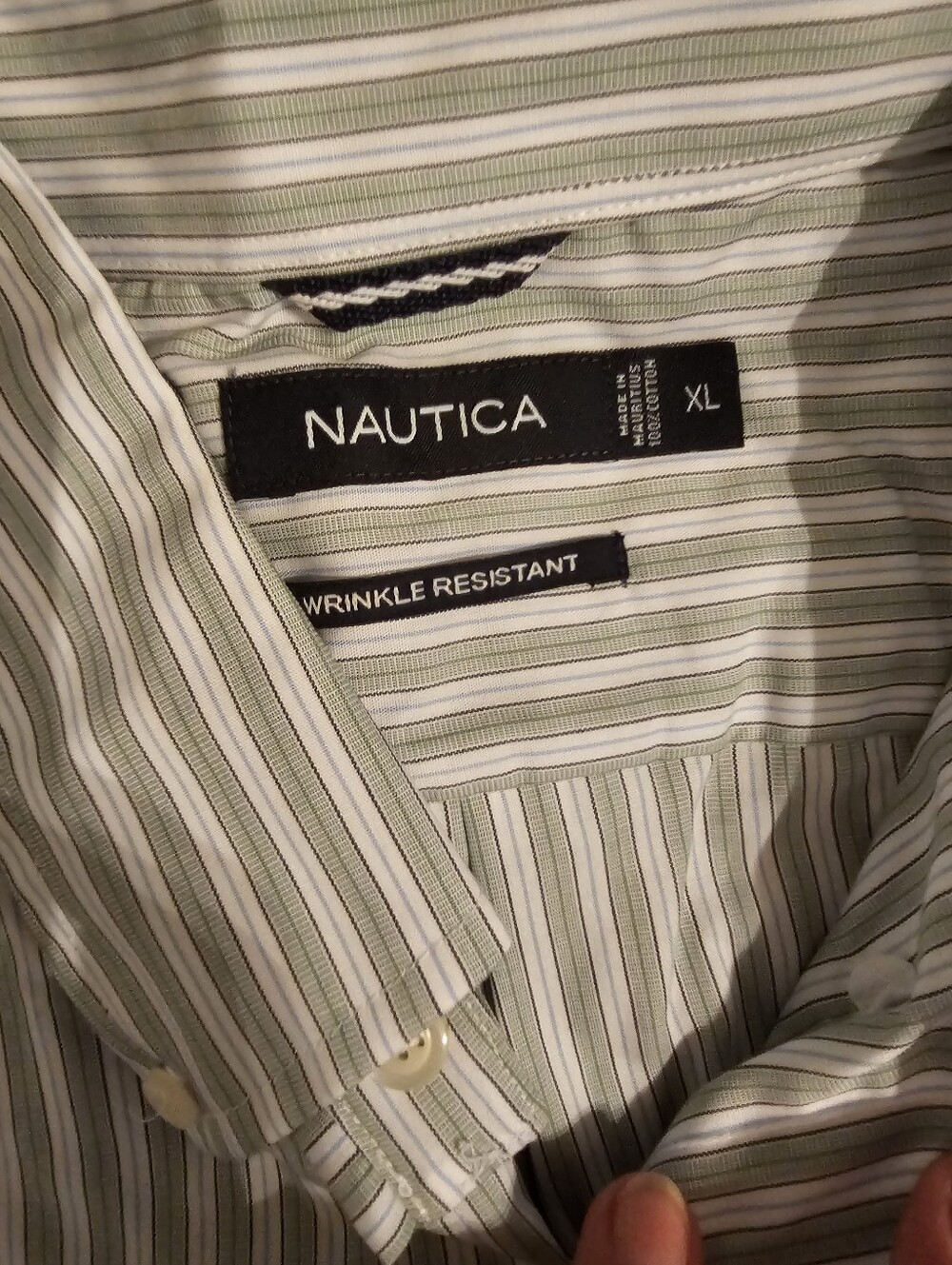 Nautica Men's XL Green and White Striped Dress Shirt - Wrinkle Resistant